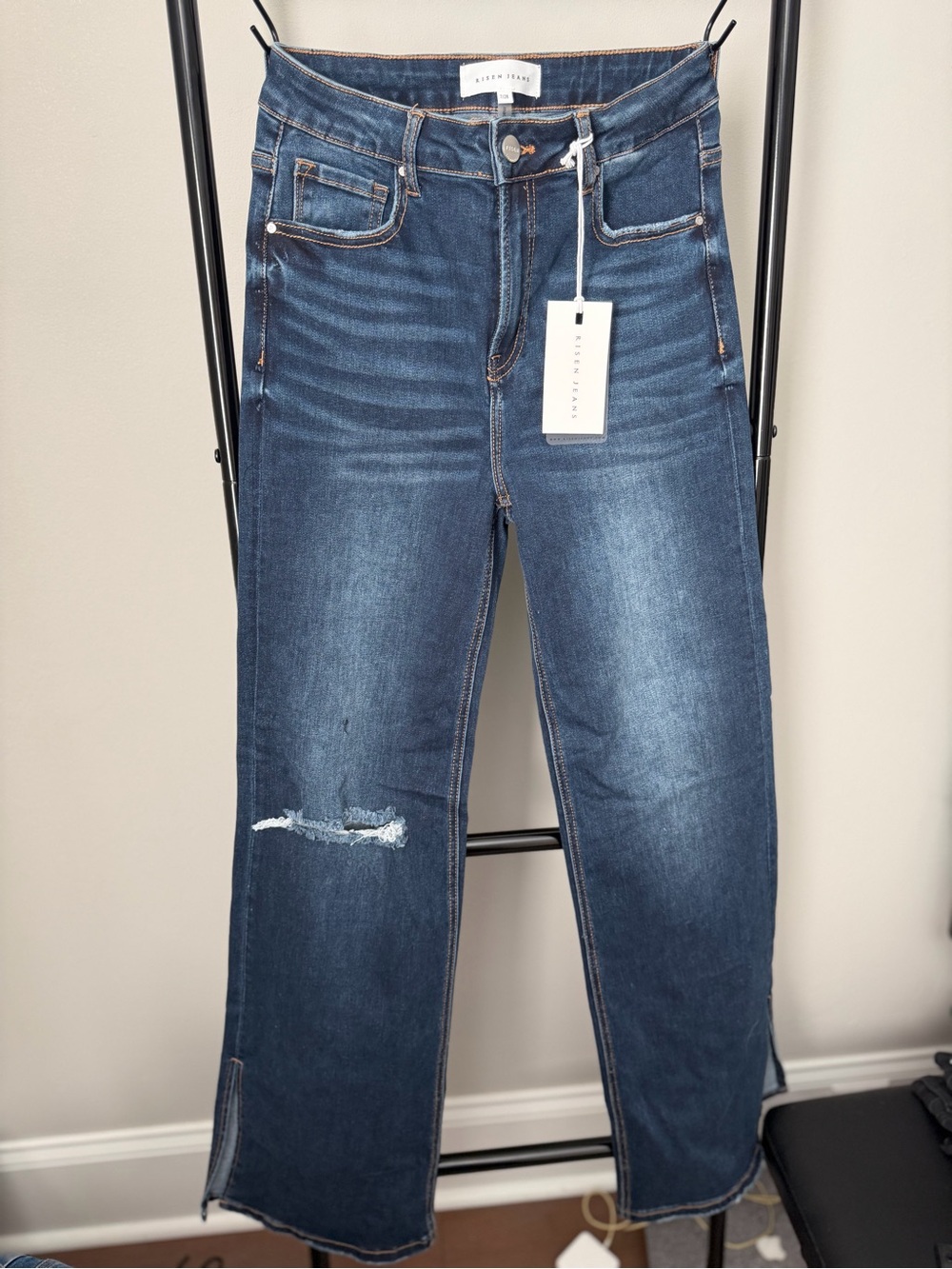 Risen High Rise Dark Wash Straight Jeans Side Slit Distressed NWT Size 7